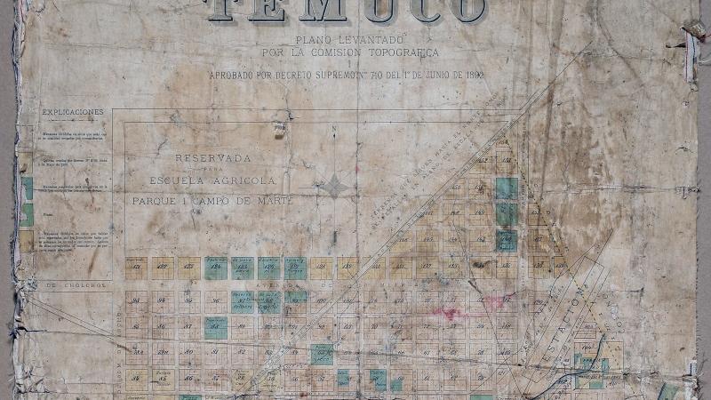 Detalle, de mapa de Temuco, impreso en tela, del 1° de junio 1892.